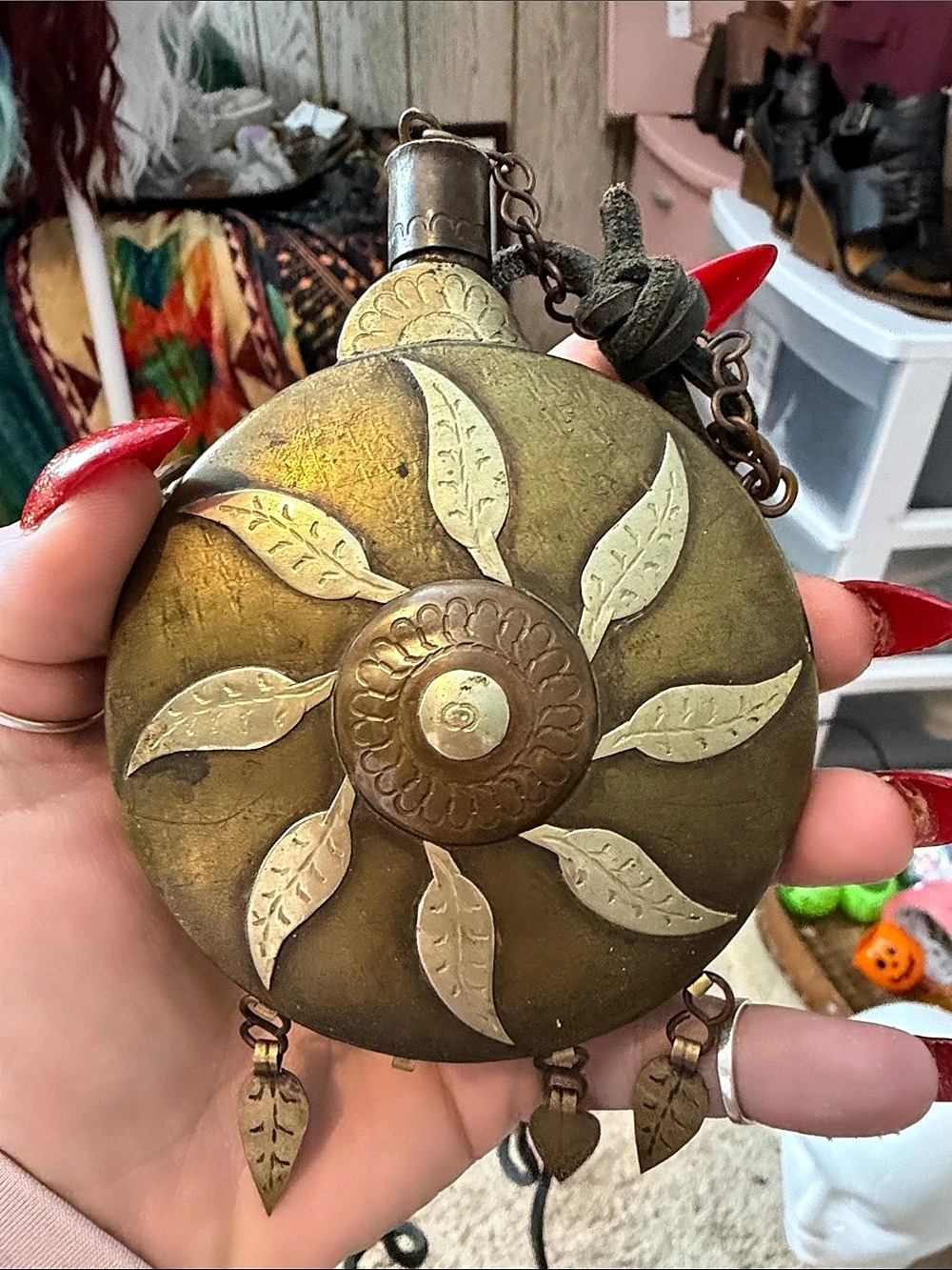 Antique Round Floral water can, Mini, Brown Gold missing one dangling leaf, lea